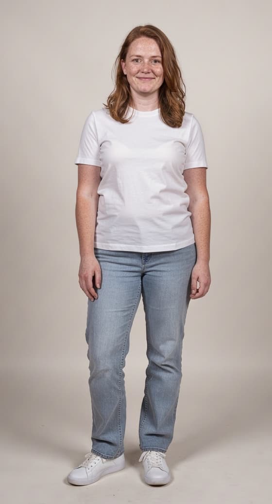 Wearing the white tee: a woman in a plain white tee and jeans.